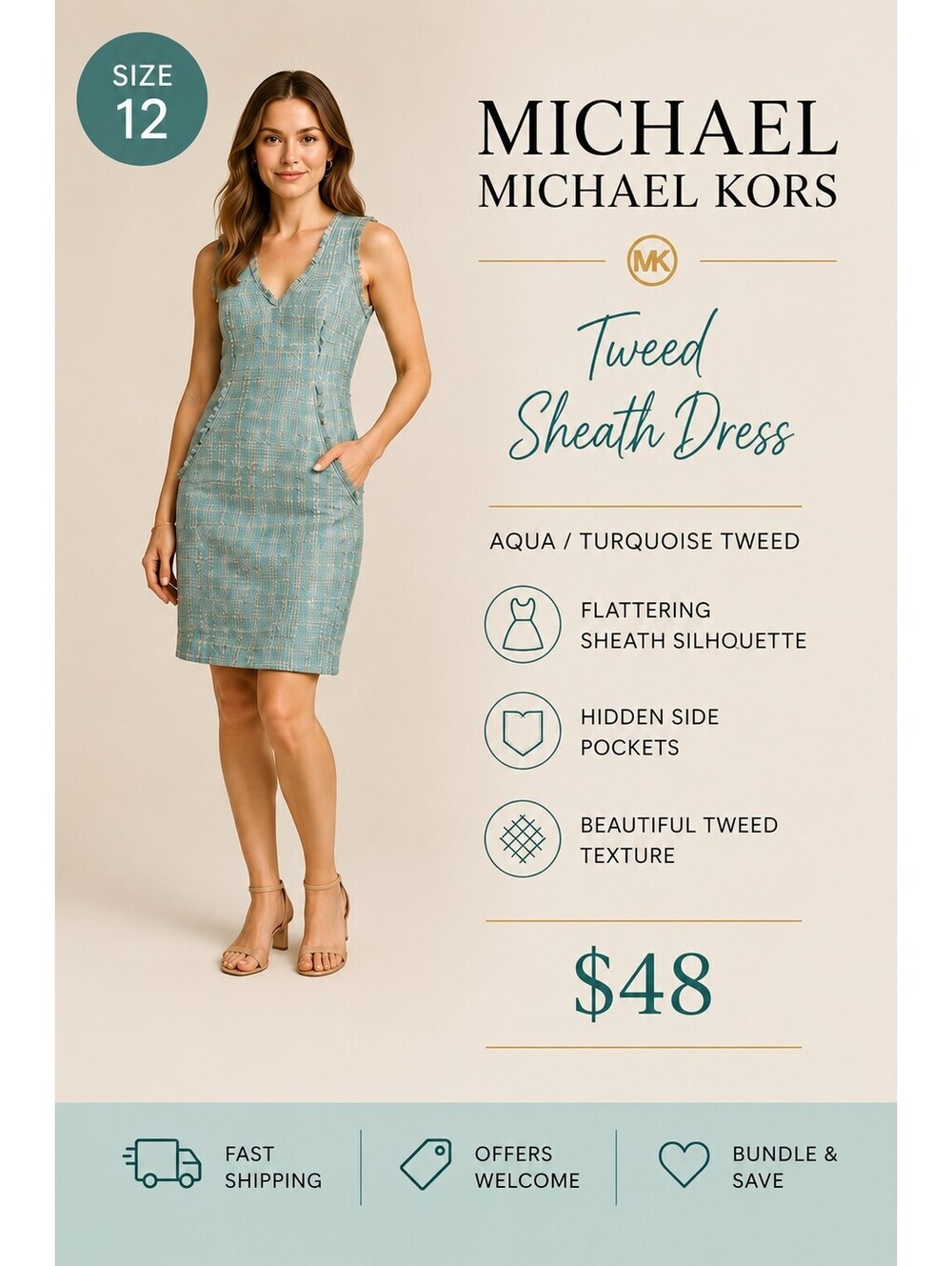 MICHAEL Michael Kors | Size 12 Aqua Tweed Sheath Dress